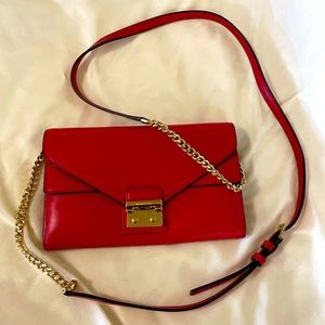 Like New-Michael Kors Red Leather Crossbody Wallet